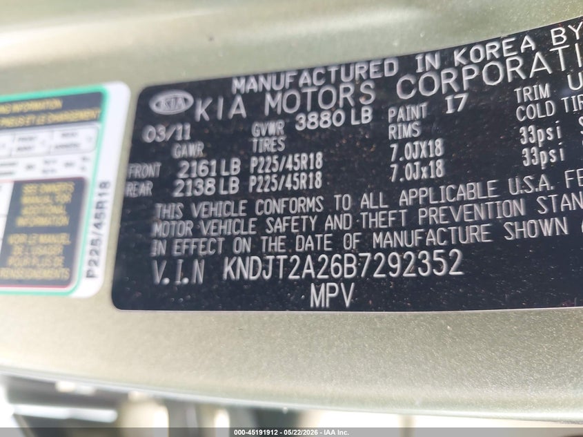 2011 Kia Soul VIN KNDJT2A26B7292352 IAAI salvage auction — NORMAL WEAR, Original (Texas), sold $200 on 2026-07-13 (photo 9)