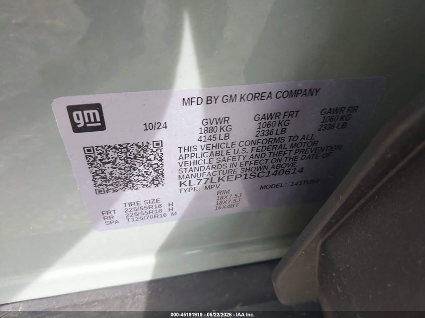 2025 Chevrolet Trax VIN KL77LKEP1SC140614 IAAI salvage auction — WATER/FLOOD, Salvage (Ohio), sold $4,000 on 2026-07-21 (photo 9)