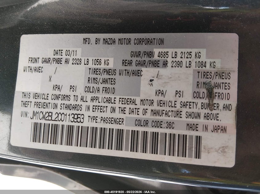 2012 Mazda 5 VIN JM1CW2BL2C0113953 IAAI salvage auction — LEFT REAR, Salvage (Maine), sold $200 on 2026-07-20 (photo 9)