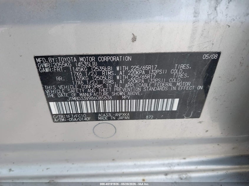 2008 Toyota Rav4 VIN JTMBD33V986085838 IAAI salvage auction — FRONT END, Salvage (Illinois), sold $1,200 on 2026-07-22 (photo 9)