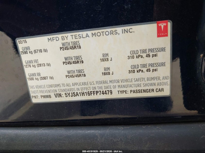 2015 Tesla Model s VIN 5YJSA1H16FFP74479 IAAI salvage auction — FRONT END, Salvage (Minnesota), sold $2,050 on 2026-07-23 (photo 9)