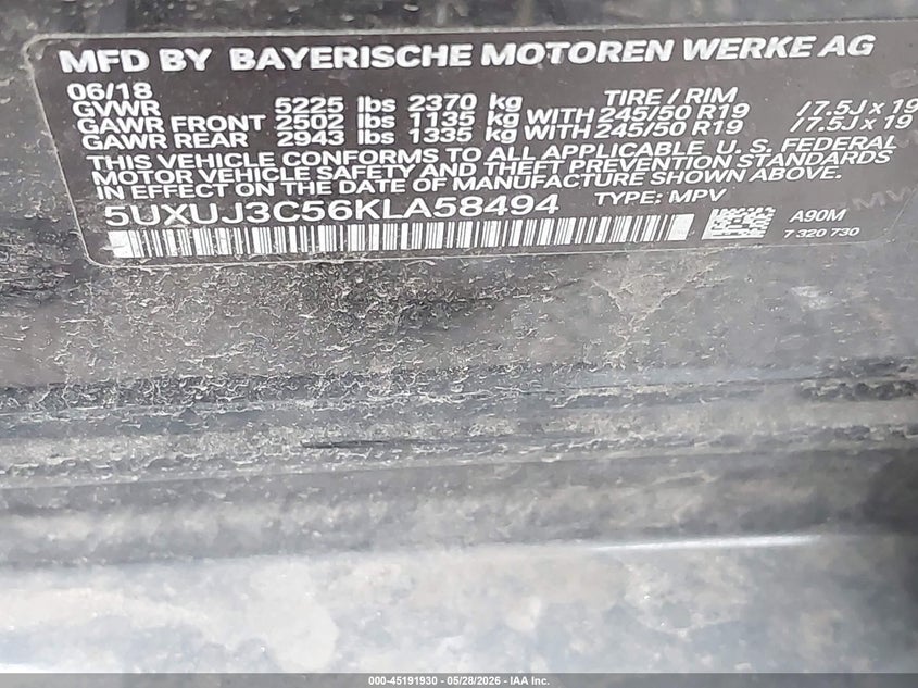 2019 BMW X4 VIN 5UXUJ3C56KLA58494 IAAI salvage auction — STRIPPED, Salvage Title, sold $1,550 on 2026-07-21 (photo 9)