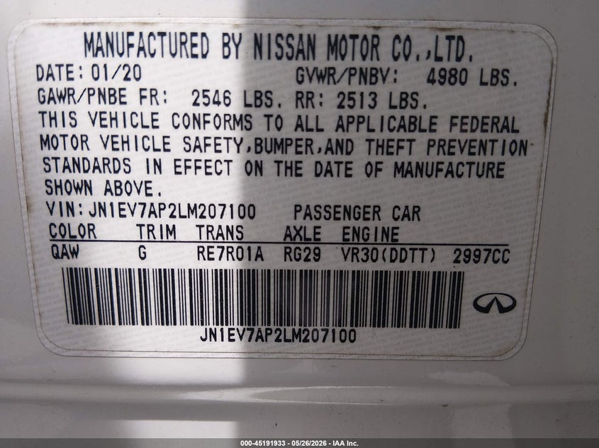 2020 Infiniti Q50 VIN JN1EV7AP2LM207100 IAAI salvage auction — FRONT END, Salvage Title, sold $4,000 on 2026-07-29 (photo 9)
