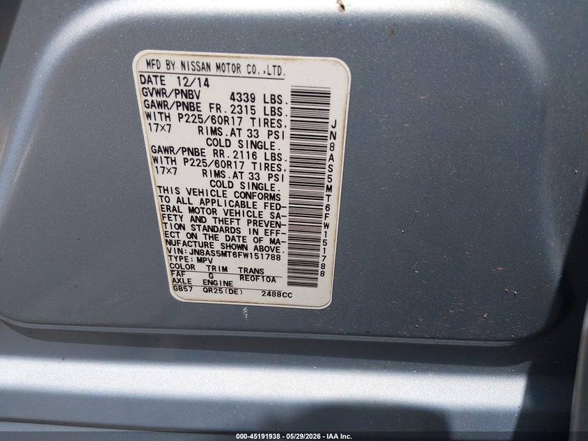2015 Nissan Rogue VIN JN8AS5MT6FW151788 IAAI salvage auction — FRONT END, Salvage Title, sold $475 on 2026-07-07 (photo 9)