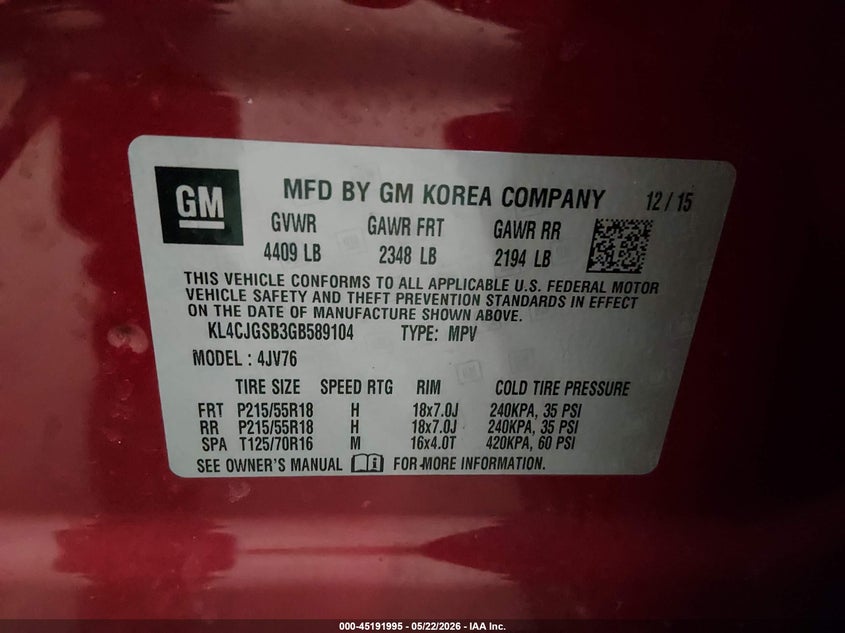 2016 Buick Encore VIN KL4CJGSB3GB589104 IAAI salvage auction — FRONT END, Prior Salvage (Minnesota), sold $925 on 2026-07-14 (photo 9)