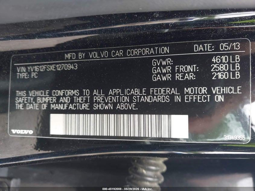 2014 Volvo S60 VIN YV1612FSXE1270943 IAAI salvage auction — FRONT END, Salvage Title, sold $1,250 on 2026-07-15 (photo 9)