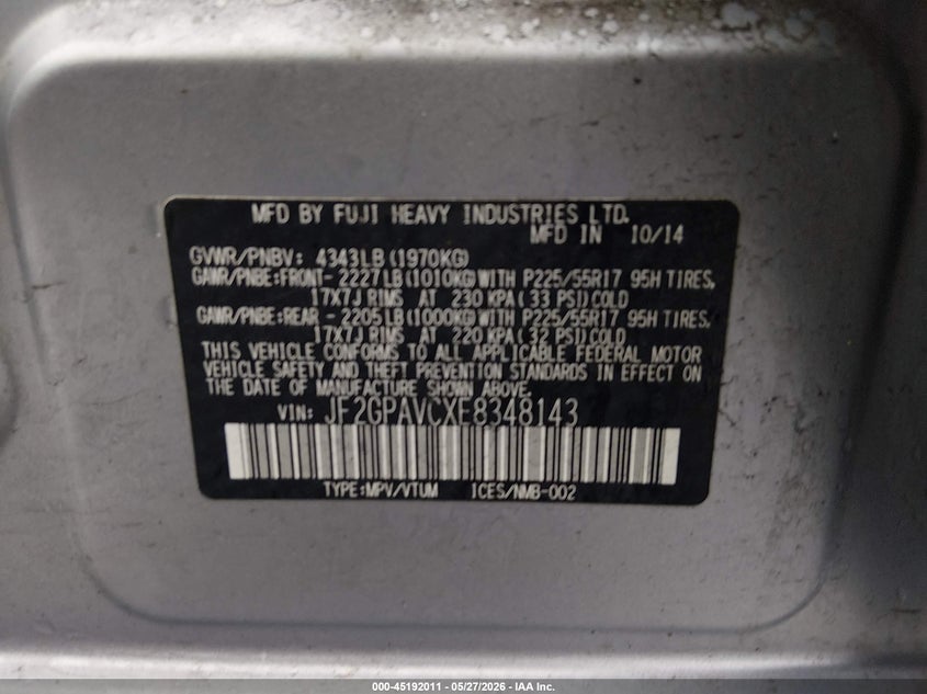 2014 Subaru Xv VIN JF2GPAVCXE8348143 IAAI salvage auction — FRONT END, Salvage Title, sold $600 on 2026-07-18 (photo 9)