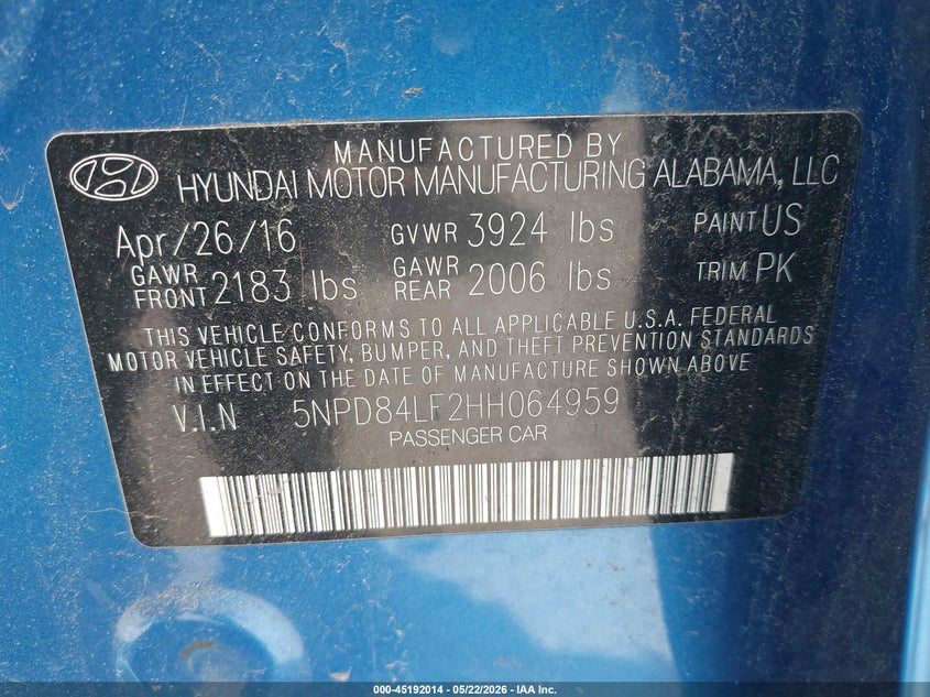 2017 Hyundai Elantra VIN 5NPD84LF2HH064959 IAAI salvage auction — LEFT REAR, Mv-907A (New York), sold $1,700 on 2026-07-17 (photo 9)