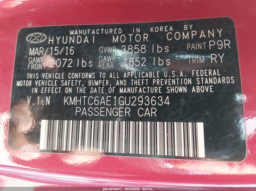 2016 Hyundai Veloster VIN KMHTC6AE1GU293634 IAAI salvage auction — FRONT END, Salvage (Texas), sold $950 on 2026-07-14 (photo 9)