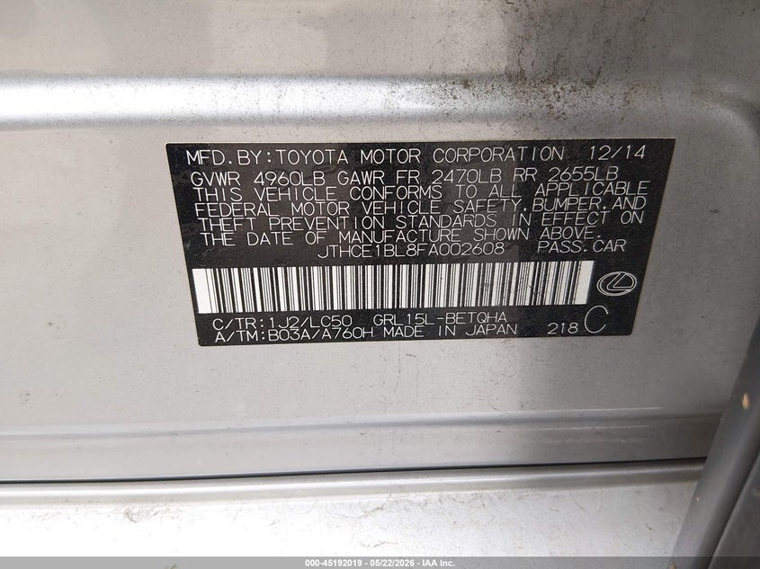 2015 Lexus VIN JTHCE1BL8FA002608 IAAI salvage auction — LEFT SIDE, Salvage (New Jersey), sold $3,350 on 2026-07-28 (photo 9)