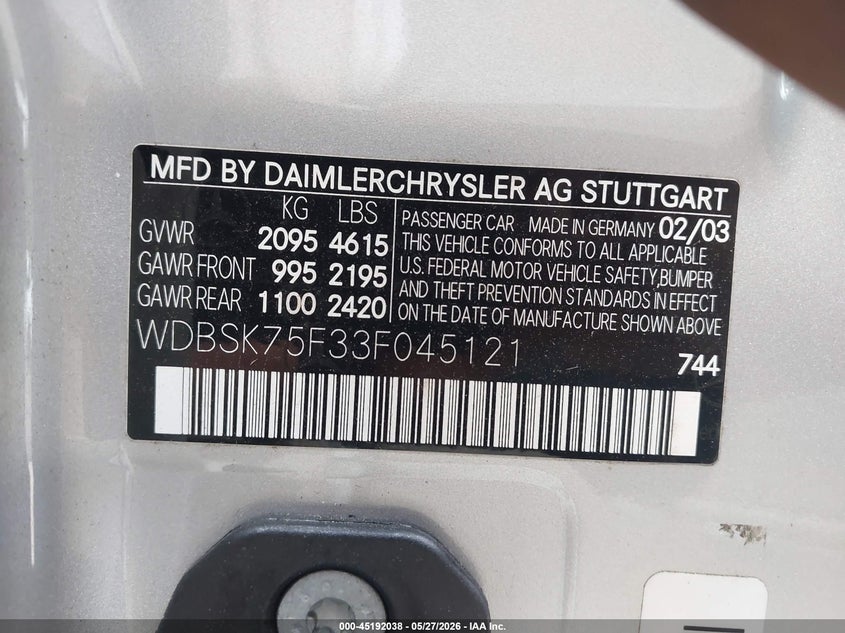 2003 Mercedes-benz Sl-class VIN WDBSK75F33F045121 IAAI salvage auction — FRONT & REAR, Salvage (Georgia), sold $400 on 2026-07-24 (photo 9)