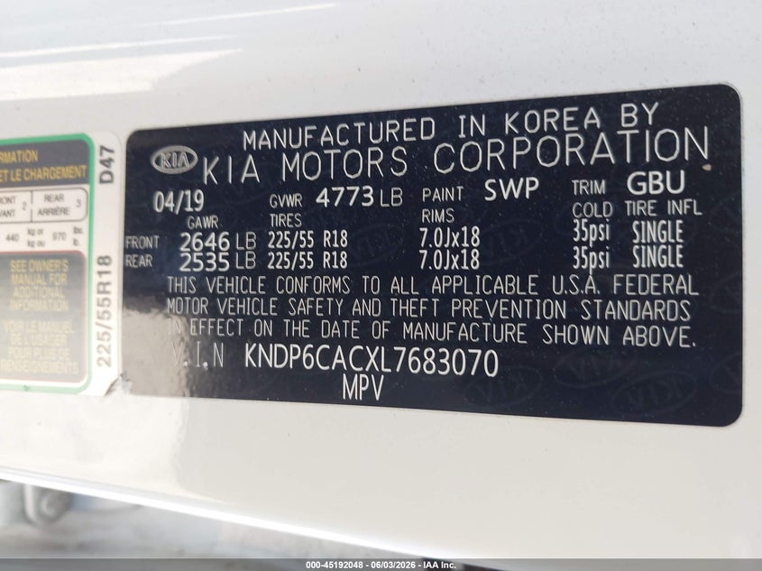 2020 Kia Sportage VIN KNDP6CACXL7683070 IAAI salvage auction — REAR END, Salvage (Massachusetts), sold $4,400 on 2026-07-17 (photo 9)