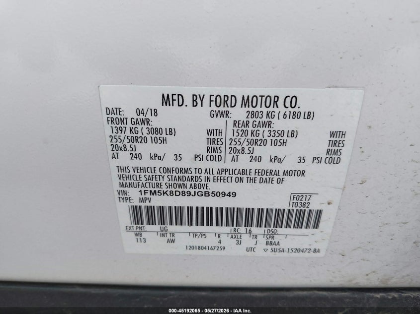 2018 Ford Explorer VIN 1FM5K8D89JGB50949 IAAI salvage auction — HAIL, Salvage Title, sold $6,000 on 2026-08-03 (photo 9)