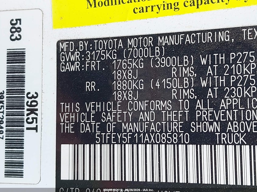 2010 Toyota Tundra VIN 5TFEY5F11AX085810 IAAI salvage auction — HAIL, Original (Texas), sold $5,350 on 2026-07-14 (photo 9)