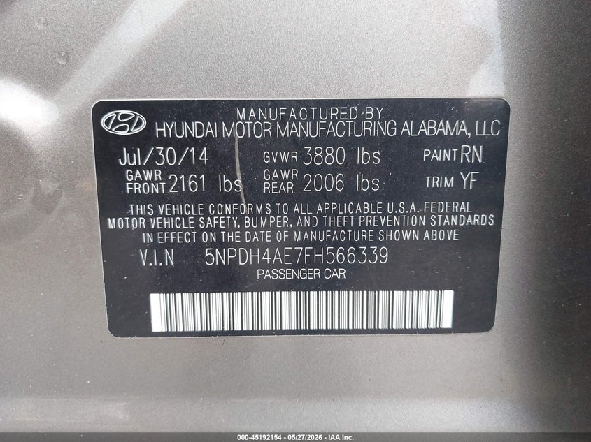 2015 Hyundai Elantra VIN 5NPDH4AE7FH566339 IAAI salvage auction — REAR END, Salvage Title, sold $1,400 on 2026-07-28 (photo 9)