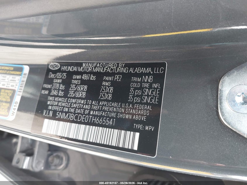 2026 Hyundai Tucson VIN 5NMJBCDE0TH665541 IAAI salvage auction — HAIL, Salvage (Iowa), sold $7,600 on 2026-07-29 (photo 9)