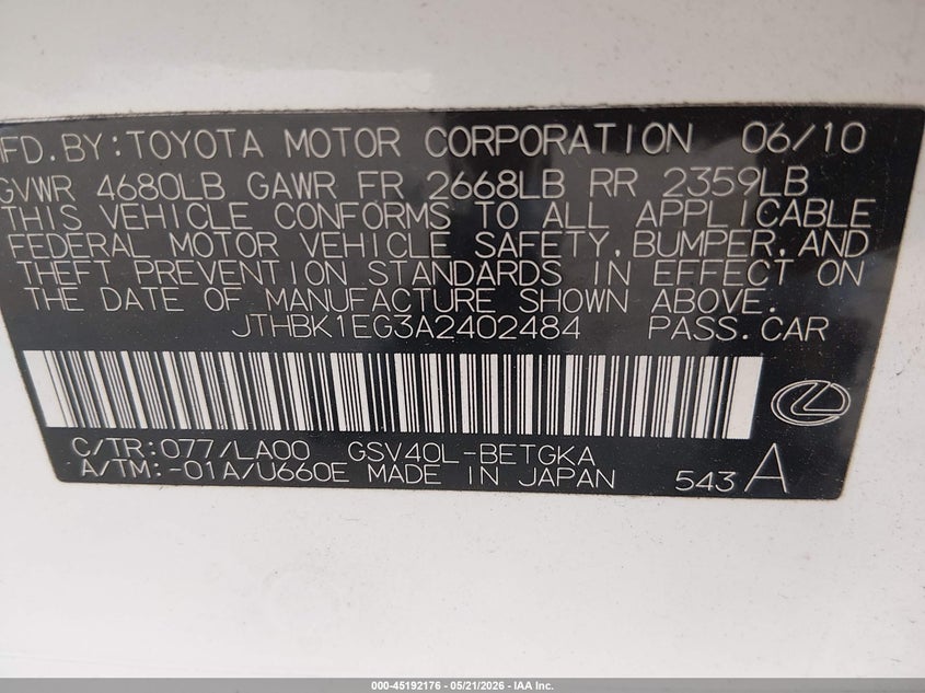 2010 Lexus Es 350 VIN JTHBK1EG3A2402484 IAAI salvage auction — REAR END, Salvage (Georgia), sold $675 on 2026-07-23 (photo 9)