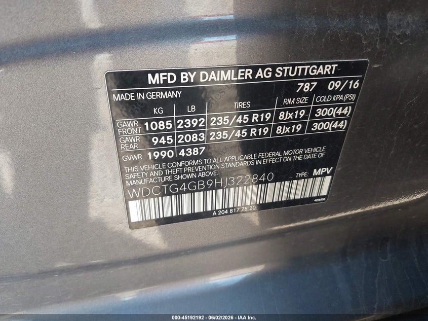2017 Mercedes-benz Gla-klasse VIN WDCTG4GB9HJ322840 IAAI salvage auction — FRONT END, Salvage (Illinois), sold $4,550 on 2026-07-16 (photo 9)