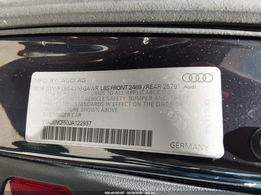 2018 Audi A5 VIN WAUENCF53JA122937 IAAI salvage auction — HAIL, Salvage (Ohio), sold $8,200 on 2026-08-22 (photo 9)