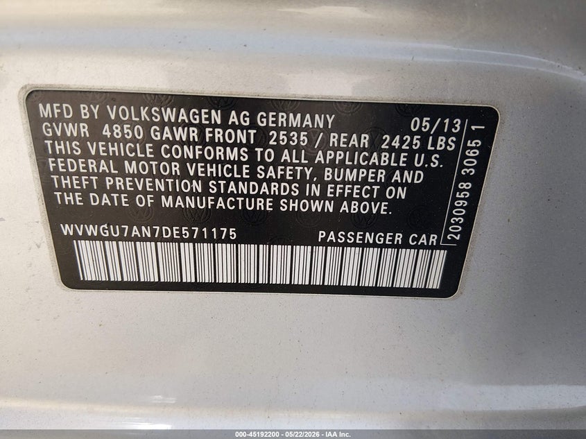 2013 Volkswagen Passat cc VIN WVWGU7AN7DE571175 IAAI salvage auction — LEFT FRONT, Salvage (Georgia), sold $350 on 2026-07-18 (photo 9)
