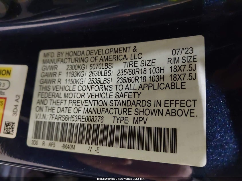 2024 Honda Cr-v VIN 7FARS6H53RE008276 IAAI salvage auction — MECHANICAL, Salvage Title, sold $13,050 on 2026-07-22 (photo 9)