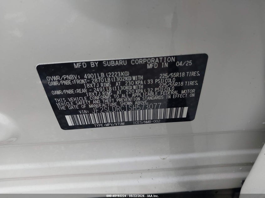 2025 Subaru Forester VIN JF2SLDRC1SH573077 IAAI salvage auction — FRONT & REAR, Junk Receipt (North Carolina), sold $4,300 on 2026-07-29 (photo 9)