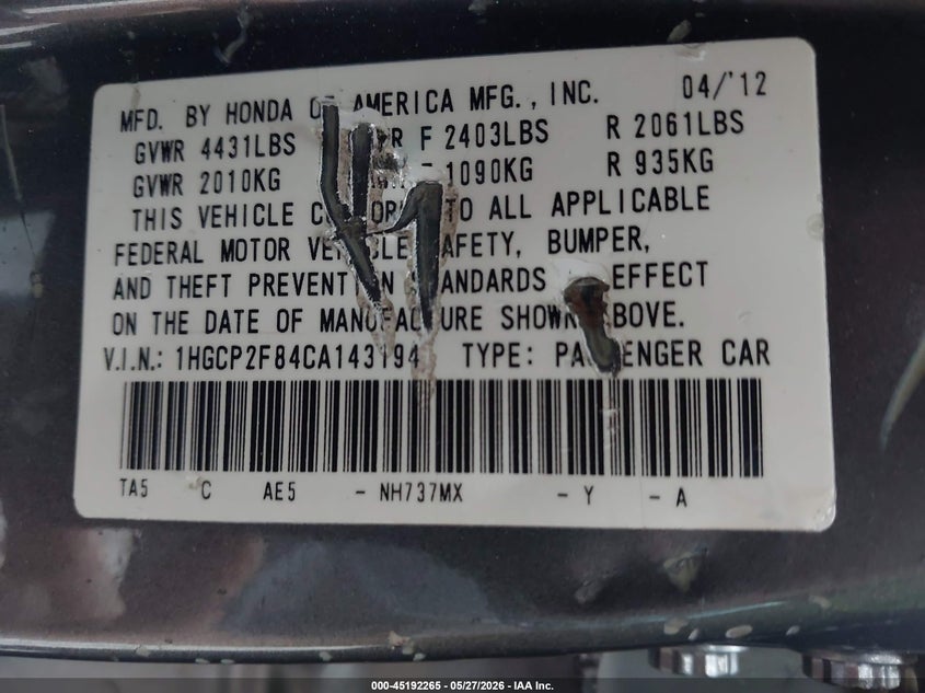 2012 Honda Accord VIN 1HGCP2F84CA143194 IAAI salvage auction — FRONT END, Salvage Title, sold $950 on 2026-07-18 (photo 9)