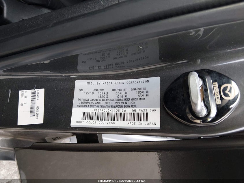 2019 Mazda 3 VIN JM1BPACL5K1108126 IAAI salvage auction — RIGHT SIDE, Rebuildable (Florida), sold $2,725 on 2026-07-08 (photo 9)