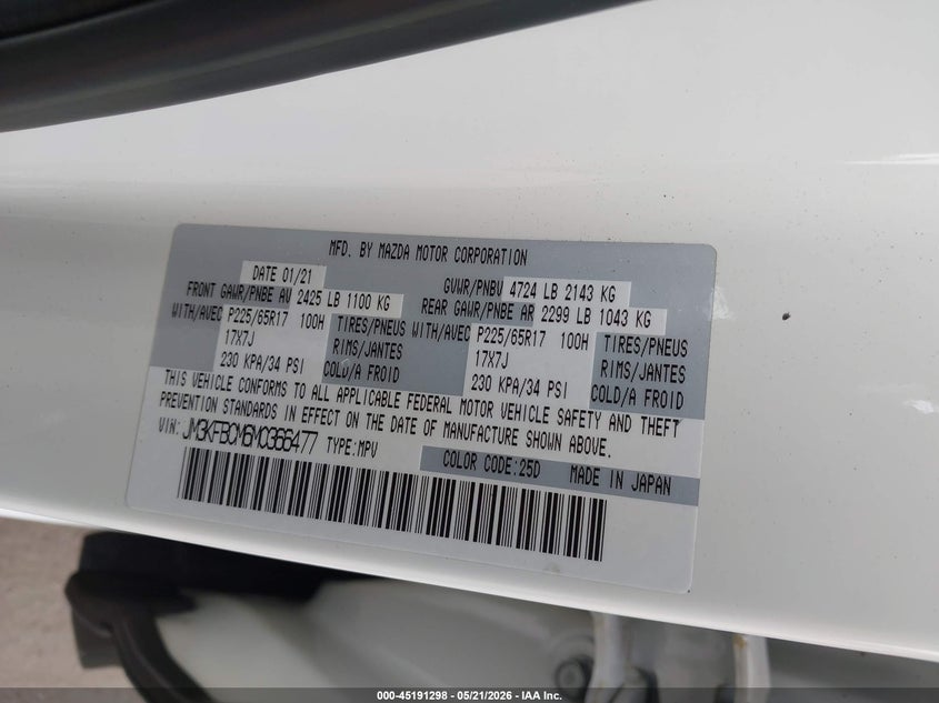 2021 Mazda Cx-5 VIN JM3KFBCM6M0366477 IAAI salvage auction — LEFT FRONT, Salvage (Connecticut), sold $9,700 on 2026-07-09 (photo 9)