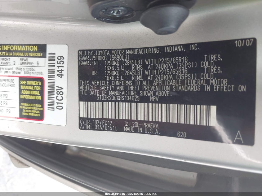 2008 Toyota Sienna VIN 5TDZK23CX8S134025 IAAI salvage auction — NORMAL WEAR, Clear (New York), sold $375 on 2026-07-21 (photo 9)