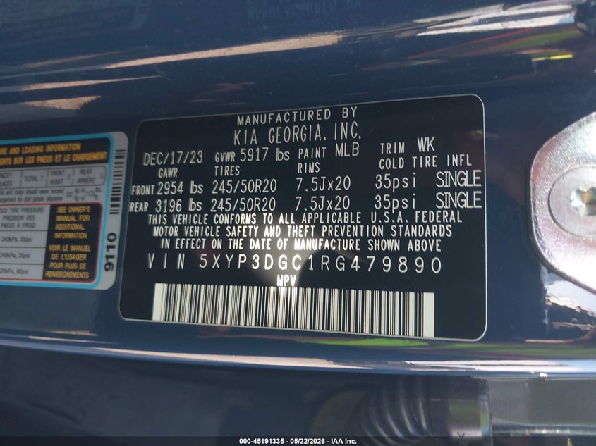 2024 Kia Telluride VIN 5XYP3DGC1RG479890 IAAI salvage auction — FRONT END, Rebuildable (Florida), sold $10,100 on 2026-07-28 (photo 9)