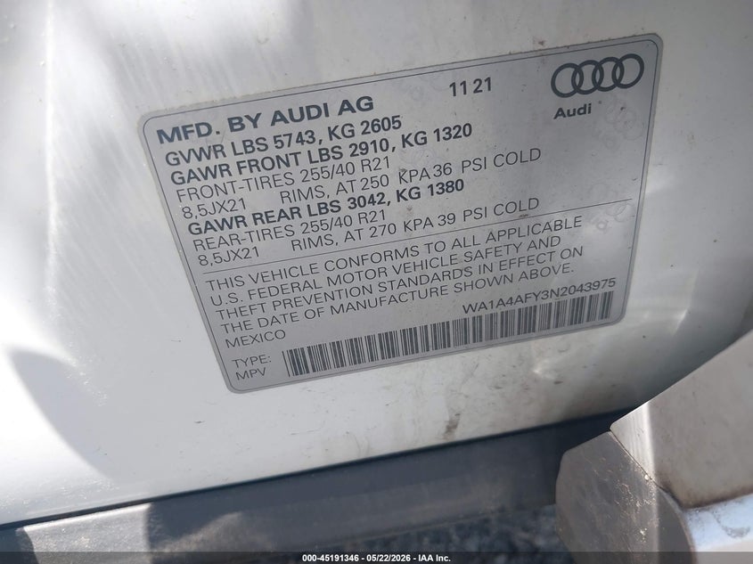 2022 Audi Sq5 VIN WA1A4AFY3N2043975 IAAI salvage auction — FRONT & REAR, Mv-907A (New York), sold $6,600 on 2026-07-07 (photo 9)