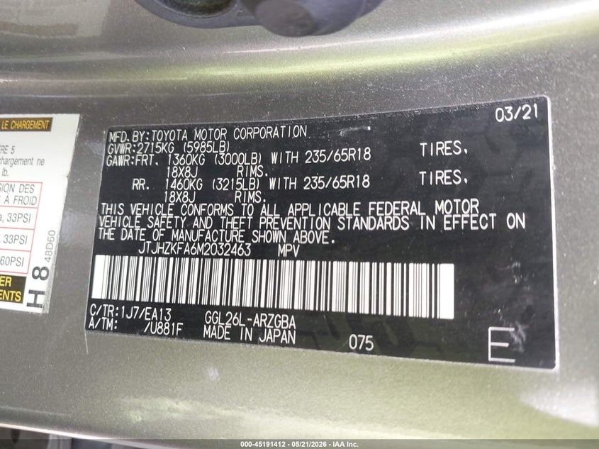 2021 Lexus Rx VIN JTJHZKFA6M2032463 IAAI salvage auction — FRONT END, Salvage (Indiana), sold $7,200 on 2026-07-08 (photo 9)