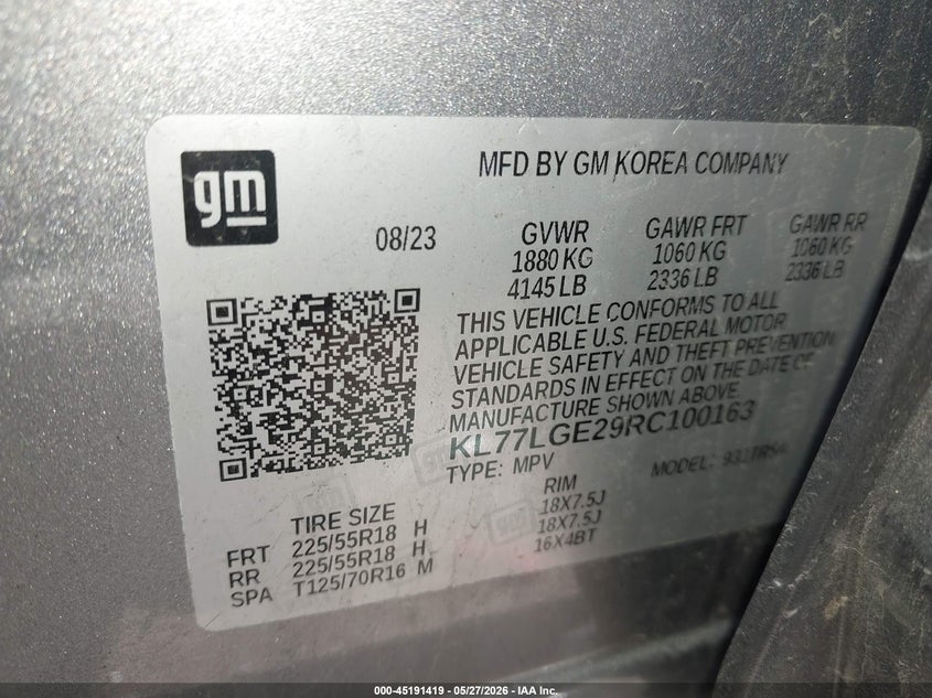2024 Chevrolet Trax VIN KL77LGE29RC100163 IAAI salvage auction — RIGHT FRONT, Salvage (Kentucky), sold $2,800 on 2026-07-29 (photo 9)