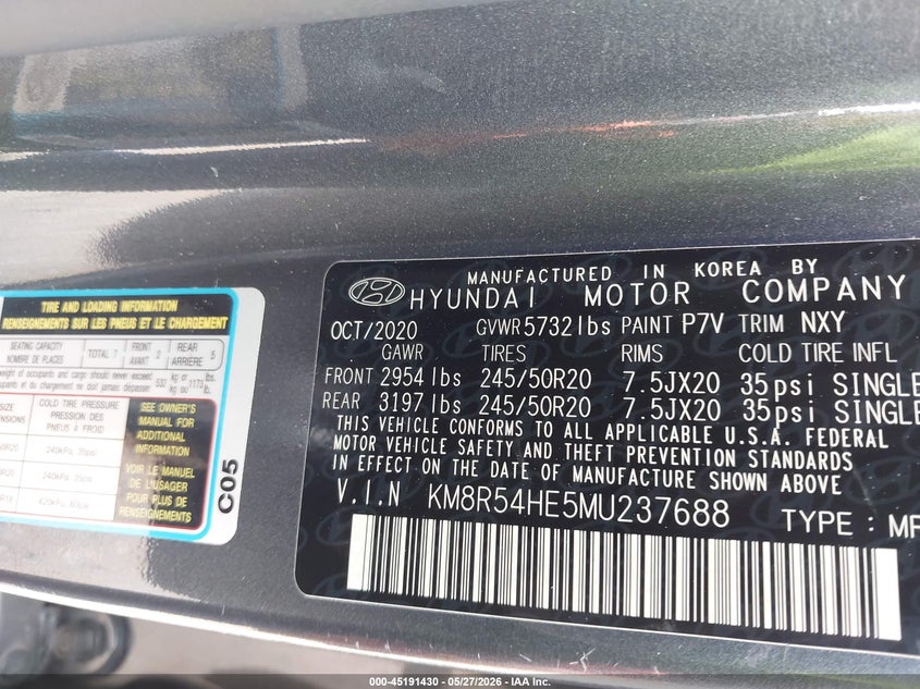 2021 Hyundai Palisade VIN KM8R54HE5MU237688 IAAI salvage auction — LEFT REAR, Salvage Title, sold $7,250 on 2026-07-20 (photo 9)