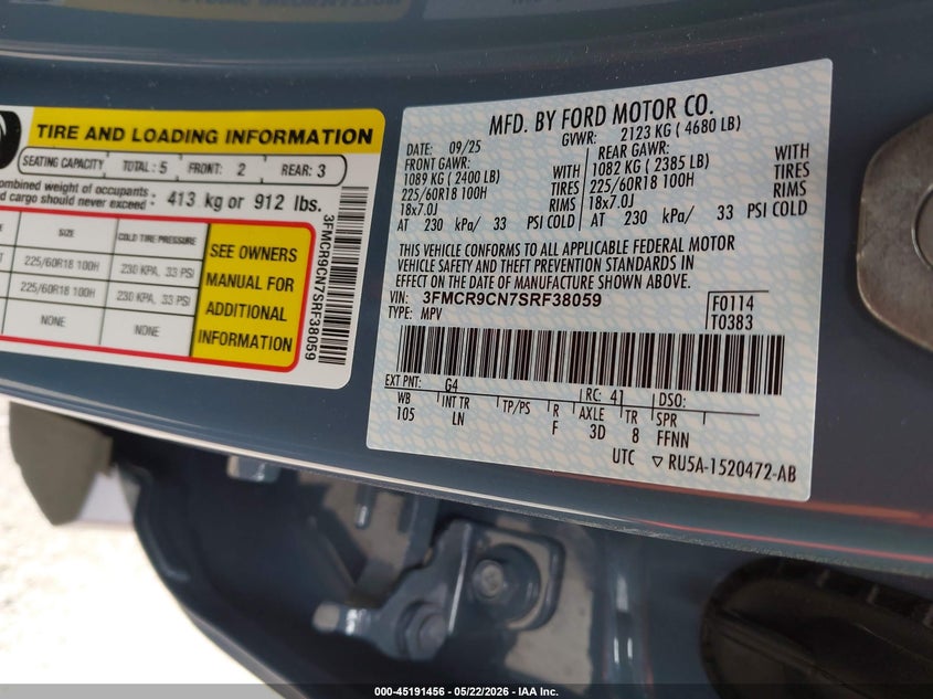 2025 Ford Bronco sport VIN 3FMCR9CN7SRF38059 IAAI salvage auction — REAR END, Salvage (Illinois), sold $9,800 on 2026-07-31 (photo 9)