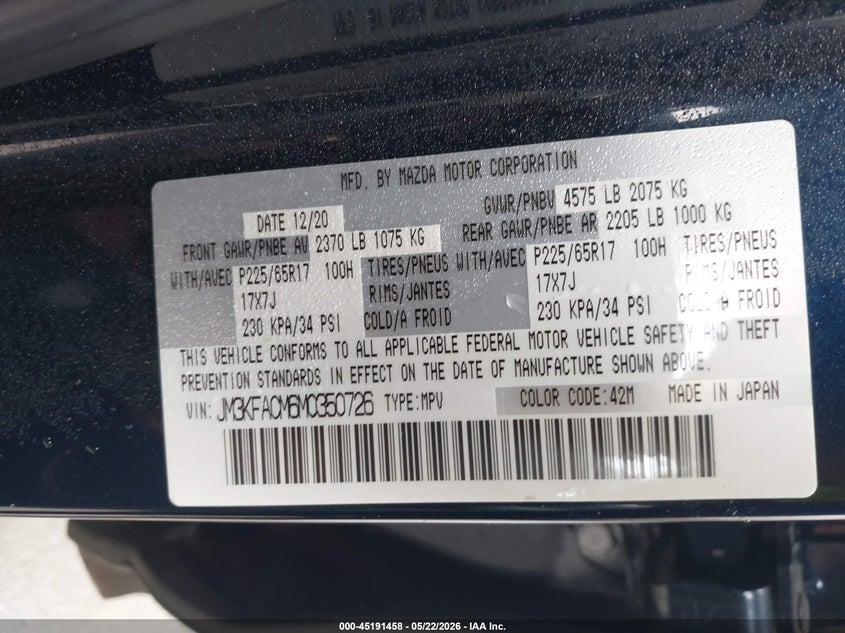 2021 Mazda Cx-5 VIN JM3KFACM6M0350726 IAAI salvage auction — REAR END, Salvage (North Carolina), sold $5,300 on 2026-07-08 (photo 9)