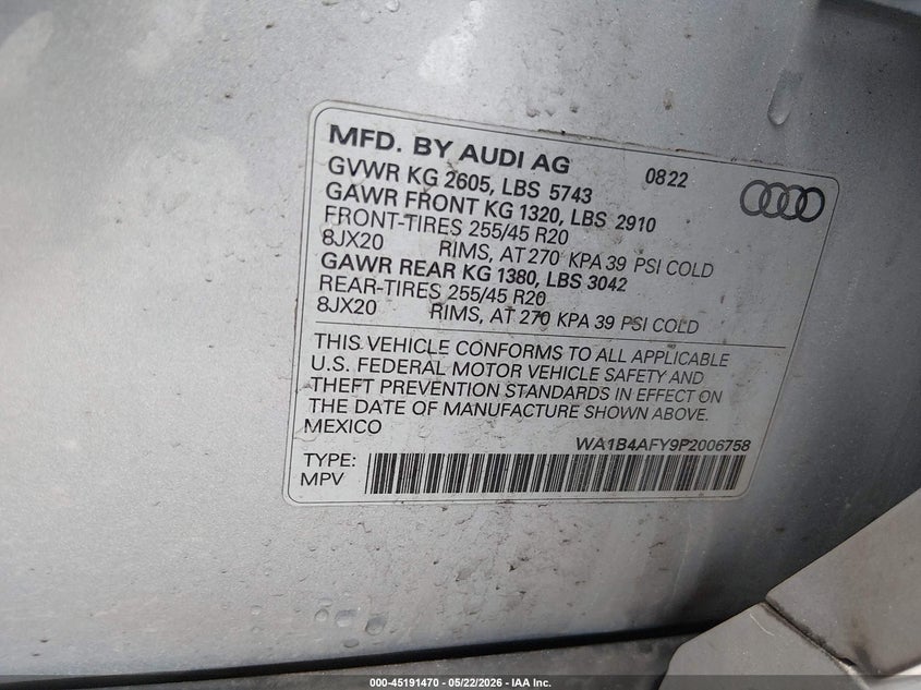 2023 Audi Sq5 VIN WA1B4AFY9P2006758 IAAI salvage auction — FRONT END, Salvage - Greater Than 75% (Maryland), sold $13,850 on 2026-08-17 (photo 9)