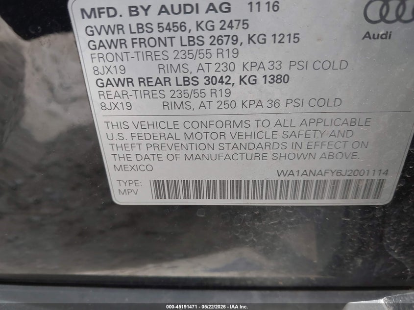 2018 Audi Q5 VIN WA1ANAFY6J2001114 IAAI salvage auction — REAR END, Mv-907A (New York), sold $6,900 on 2026-07-21 (photo 9)