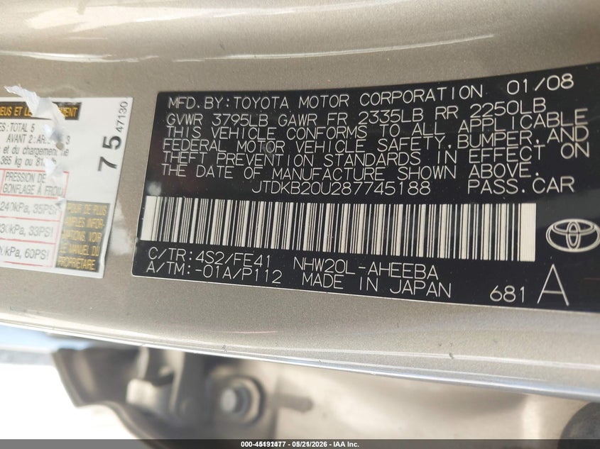 2008 Toyota Prius VIN JTDKB20U287745188 IAAI salvage auction — REAR END, Salvage (Idaho), sold $50 on 2026-07-06 (photo 9)