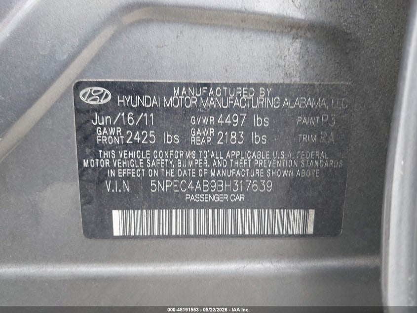 2011 Hyundai Sonata VIN 5NPEC4AB9BH317639 IAAI salvage auction — FRONT END, Salvage (Georgia), sold $575 on 2026-07-07 (photo 9)