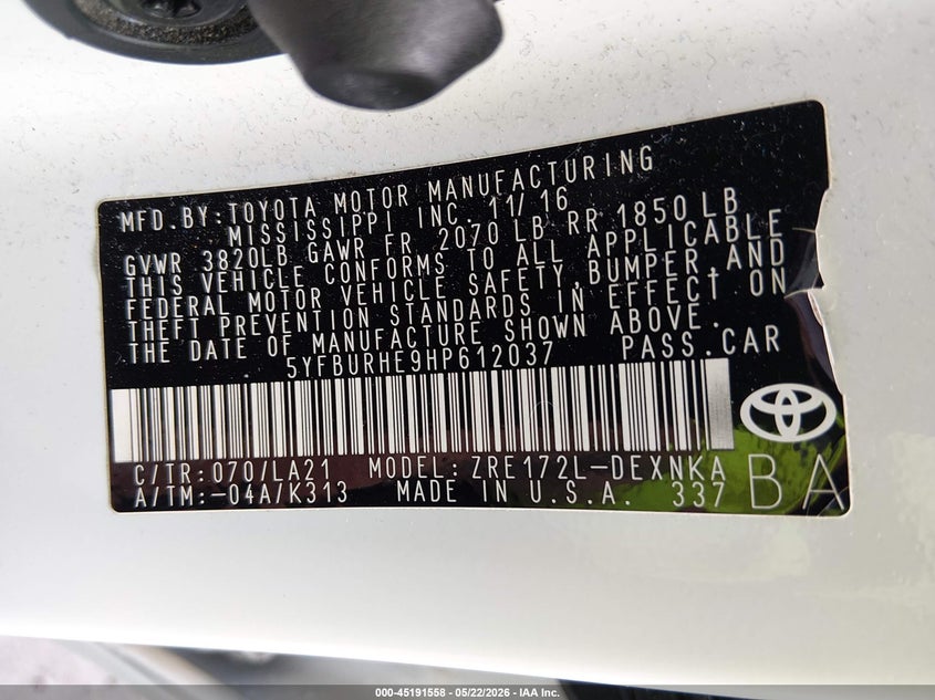 2017 Toyota Corolla VIN 5YFBURHE9HP612037 IAAI salvage auction — HAIL, Clear (Oklahoma), sold $8,500 on 2026-08-01 (photo 9)