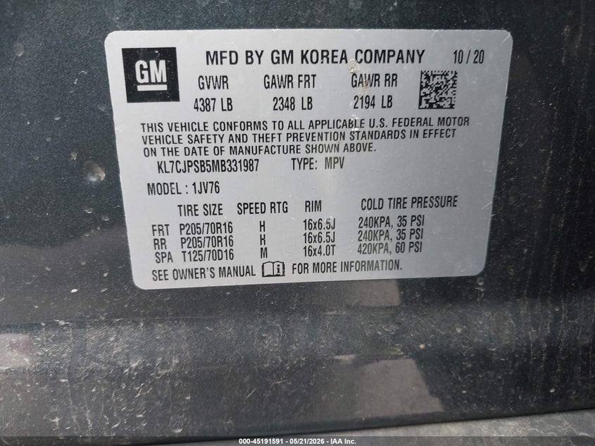 2021 Chevrolet Trax VIN KL7CJPSB5MB331987 IAAI salvage auction — RIGHT REAR, Salvage (Minnesota), sold $175 on 2026-07-29 (photo 9)