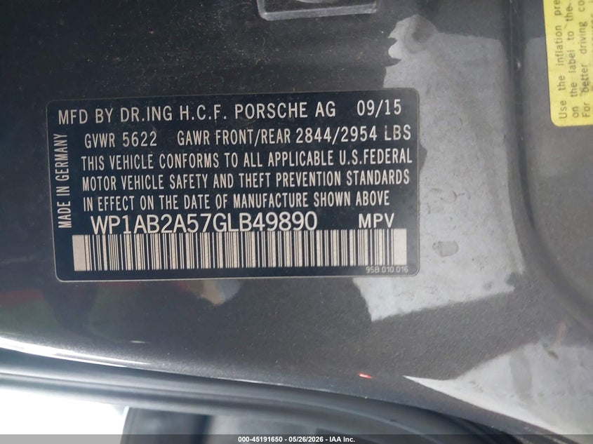 2016 Porsche Macan VIN WP1AB2A57GLB49890 IAAI salvage auction — SIDE, Salvage Title, sold $4,200 on 2026-07-29 (photo 9)