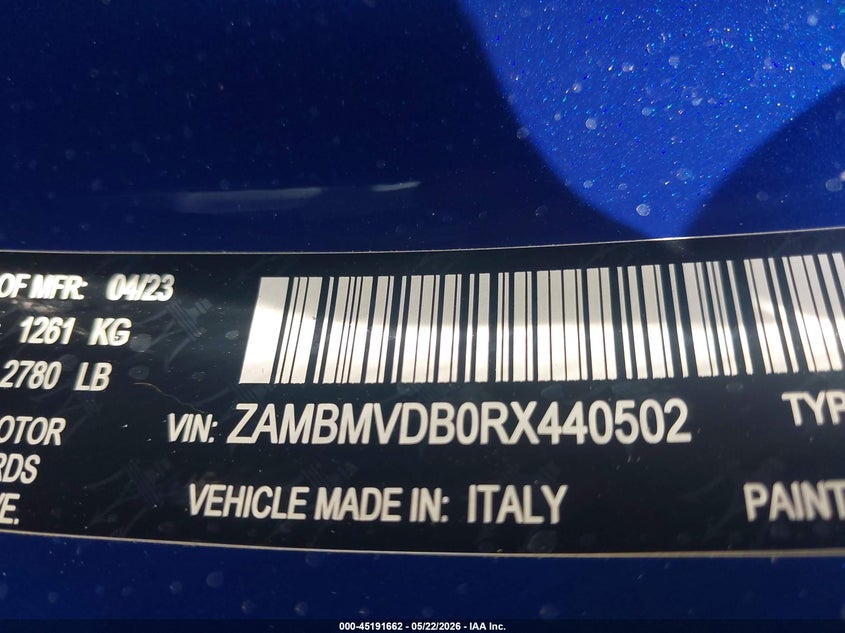 2024 Maserati Granturismo VIN ZAMBMVDB0RX440502 IAAI salvage auction — LEFT FRONT, Rebuildable (Florida), sold $44,200 on 2026-07-30 (photo 9)