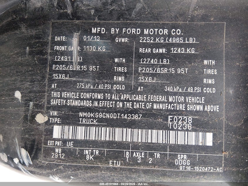 2013 Ford Transit VIN NM0KS9CN0DT143367 IAAI salvage auction — NORMAL WEAR, Clear (Missouri), sold $100 on 2026-07-21 (photo 9)