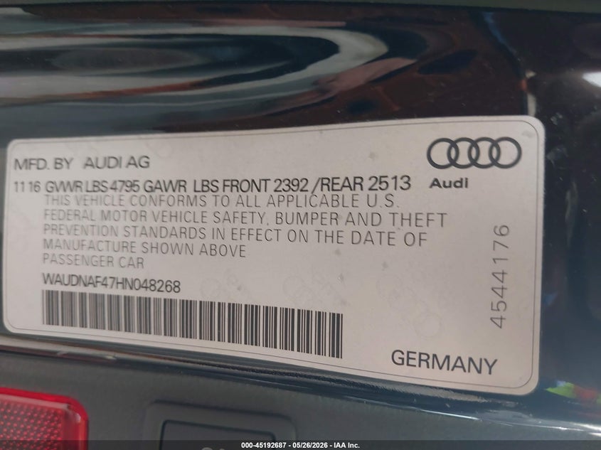 2017 Audi A4 VIN WAUDNAF47HN048268 IAAI salvage auction — FRONT END, Salvage (Kansas), sold $2,650 on 2026-07-15 (photo 9)