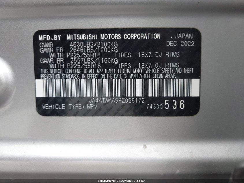 2023 Mitsubishi Eclipse cross VIN JA4ATWAA5PZ028172 IAAI salvage auction — SIDE, Salvage (Illinois), sold $2,850 on 2026-08-23 (photo 9)