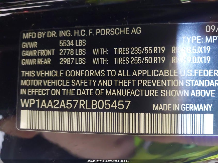 2024 Porsche Macan VIN WP1AA2A57RLB05457 IAAI salvage auction — FRONT END, Salvage Title, sold $17,400 on 2026-08-03 (photo 9)