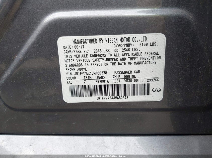 2018 Infiniti Q50 VIN JN1FV7AR4JM480378 IAAI salvage auction — ROOF, Salvage Title, sold $4,125 on 2026-07-28 (photo 9)